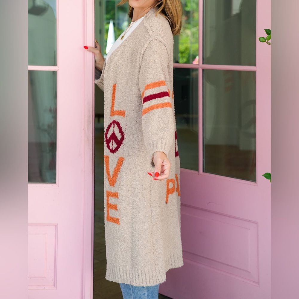 POL Love & Peace Long Cardigan Cozy Soft Sweater Peace Sign Beige NWTS Small - Picture 3 of 4